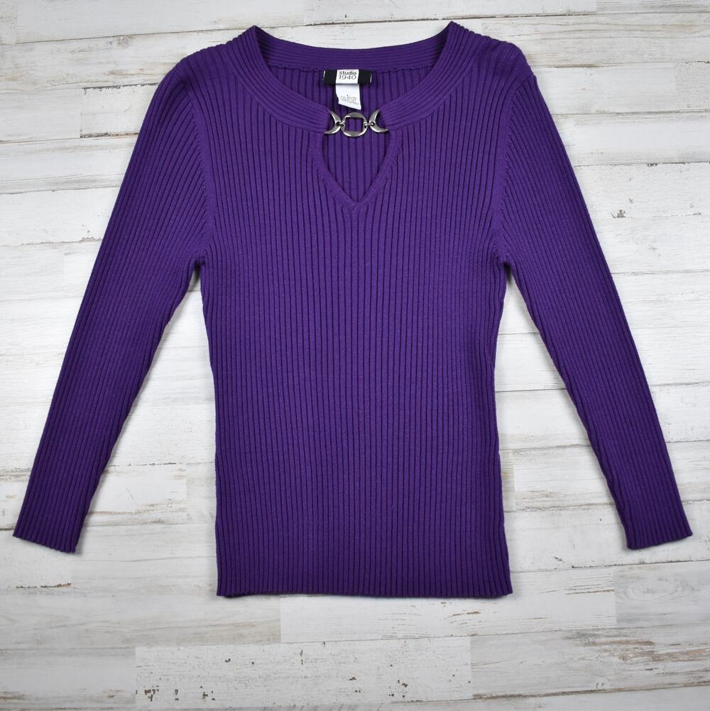 Women's Knit Sweater Large L Purple Ribbed Keyhole Top Fairy Grunge Y2K Chain